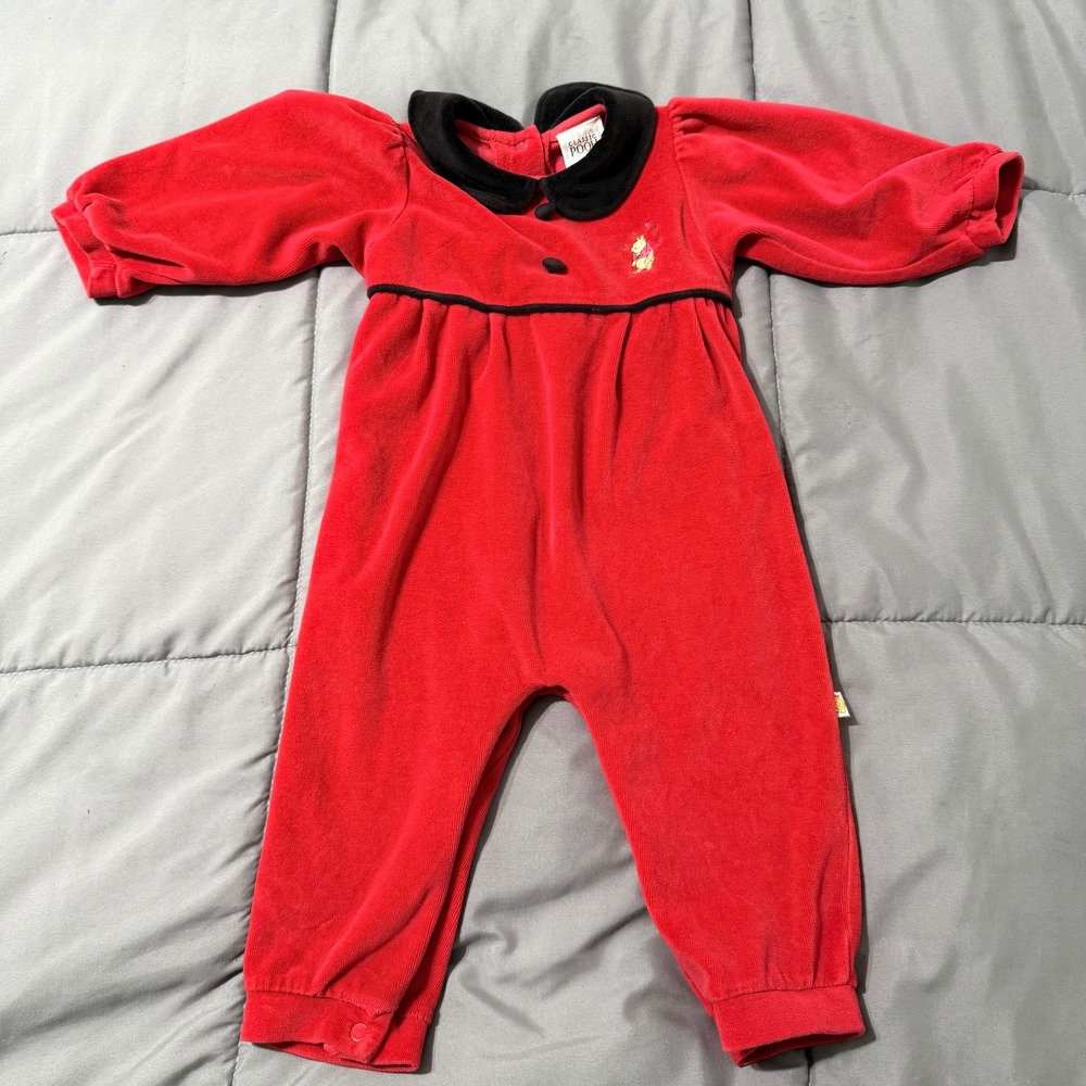 Vintage Disney Classic Pooh Red Velour Romper 12 Months Velvet Collar Rare